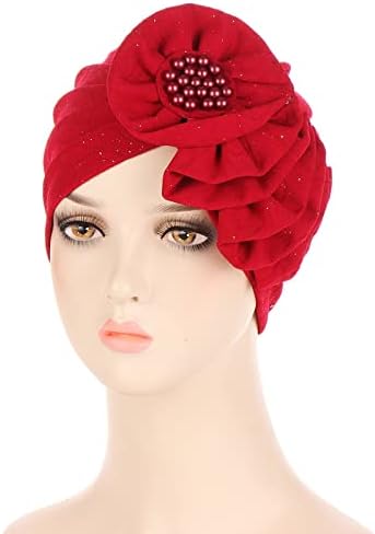 פרח כפת כובע לנשים בוהמי טורבן קפלים לעטוף מטפחת רפוי כובע בארה ' ב מוצק צבע בבאגי גולגולת כובעים