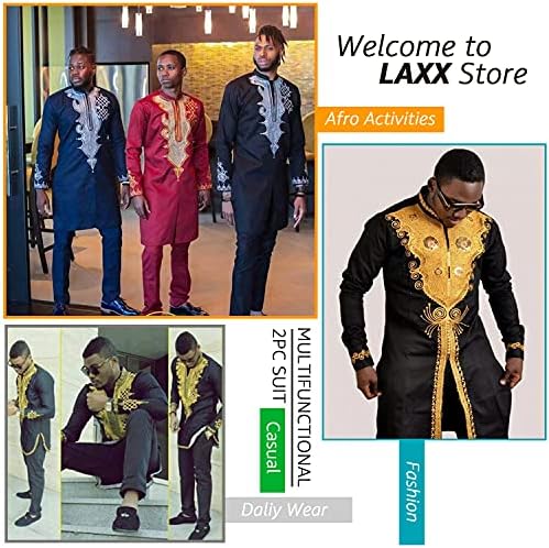 חולצת דשיקי אפריקאית של Laxx גברים אפריקאית, דפוס שבטי מסורתי הדפס זהב, עליון שרוול ארוך וחליפת מכנסיים ... מדיום זהב שחור