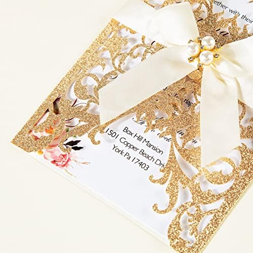 25 יחידות הזמנות לחתונה גליטר לייזר לחתוך הזמנות לחתונה עם מעטפות וכרטיסי הזמנה ריק פנימי גיליון אישית זהב עבור אירוסין קווינסאנרה כלה