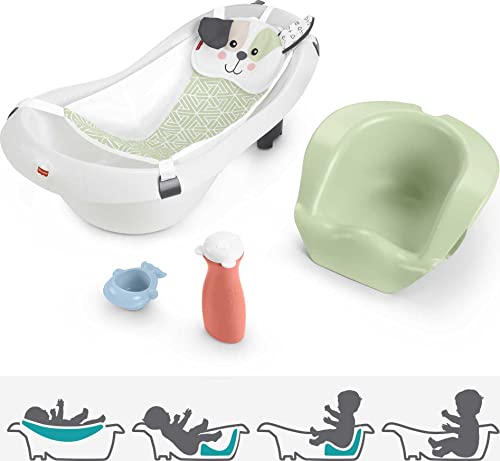 פישר-פרייס אמבטיה לתינוק לפעוטות אמבטיה 4 ב-1 עם תמיכת תינוקות נשלפת ו -2 צעצועים, שלמות גור