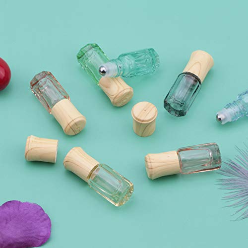 JIUWU 7 חבילה 7 צבעים 3 מל בקבוקי רולר הניתנים למילוי זכוכית לשמן אתרי עם גלגל נירוסטה כדור רולר כובע עץ עיניים נוזלים קוסמטיים בקבוקונים