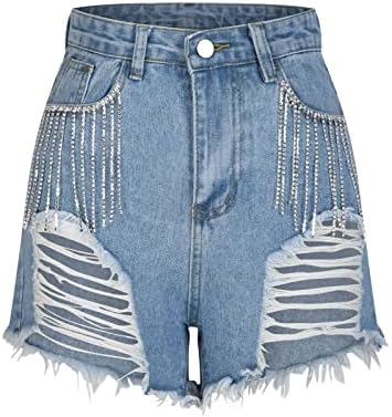 מכנסיים קצרים של ג'ין טרנדי לנשים 2023 קיץ ריינסטון ציצית מכנסיים קצרים נוער נוער קם גבוה קרע מכנסי ג'ין קצרים