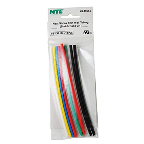 NTE Electronics HS-ASST-5 דק קיר קיר מכווץ ערכת צינורות, צבעים שונים, אורך 6 , 1/8 דיא, 10 חתיכות
