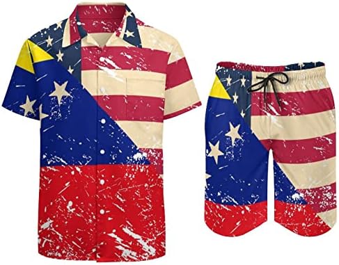 ארהב וונצואלה דגל רטרו דגל 2 חלקים הוואי הגדר מכפתור חולצות שרוול קצר מכנסי חוף מכנסיים רופפים Tees Tees Tees