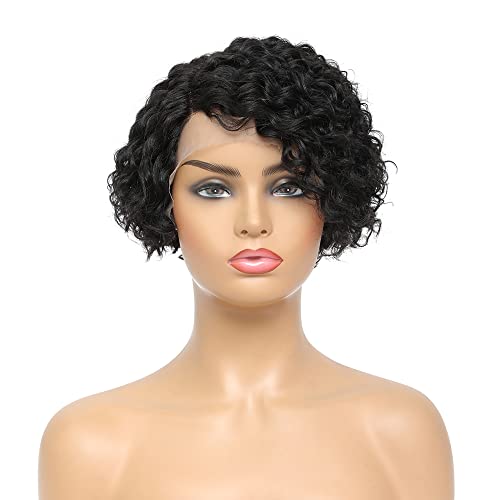 קיהאנג פאות מתולתלות קצרות לנשים שחורות שיער אנושי, פקסי חותכים פאות שיער אנושי עם 0.5 * 5 תחרה קדמית ושחורה פיקסי תחרה קדמית שיער אנושי