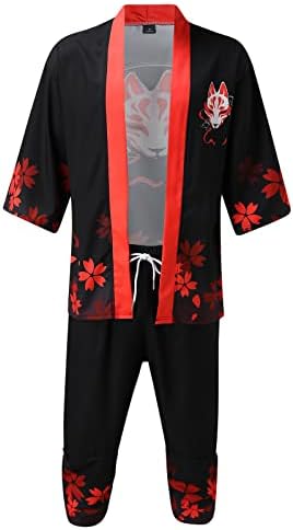 חליפות מעיל קימונו יפניות של גברים חליפות רופפות קדמיות פתוחות שבעה שרוול קימונו ז'קט קרדיגן עם מכנסיים קצרים בתוספת גודל