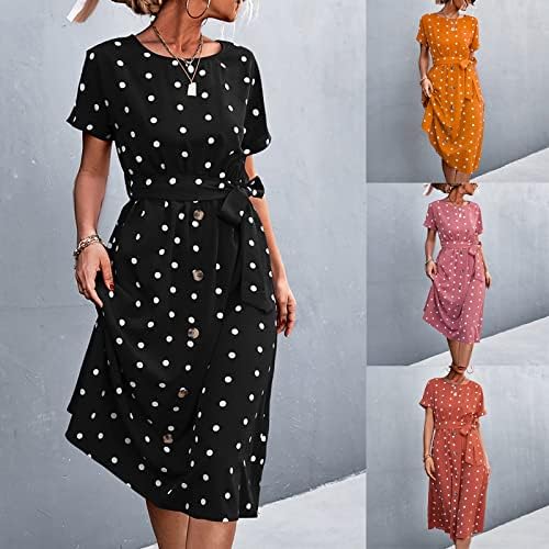 שמלות קיץ צנועות של Polka Dot Midi לנשים שמלת שרוול קצר עגול מזדמן שמלת קו קו