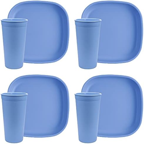 שיחקו מחדש לוחות פלסטיק לשימוש חוזר וכוסות כלי אוכל, סט של 4 כוסות כוסות 24oz וצלחות 9 אינץ ', המיוצר בארצות הברית BPA בחינם, נהדר לפיקניק