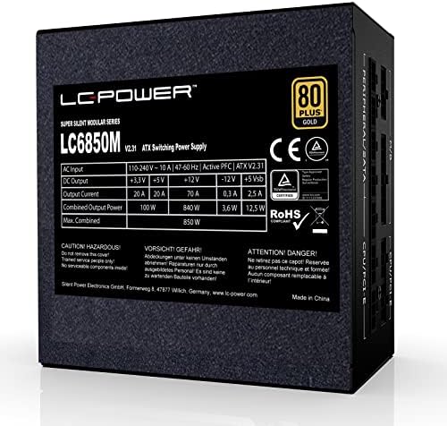 LC-Power 850W אספקת חשמל סופר מודולרית סופר-סרייה 80+ זהב מודולרי מלא PSU 850 וואט, פעיל PFC ATX, מאוורר 120 ממ ... LC6850M
