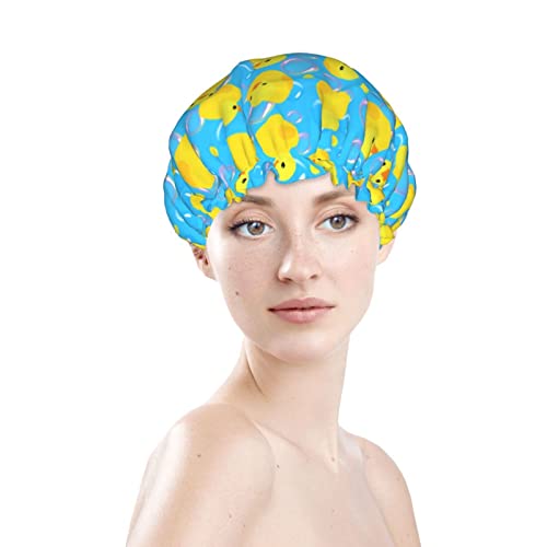 צהוב גומי ברווזים מקלחת כובע לנשים מתכוונן כפול עמיד למים שכבות רחצה מקלחת כובע שיער הגנה לשימוש חוזר גבירותיי ספא סלון מקלחת כובע