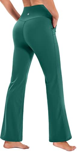 יוגה קרוסאובר חותלות מתלקות במותניים גבוהות מכנסי יוגה עם כיסים לכיסים לנשים בקרת בטן אימון מכנסי Bootleg מכנסיים
