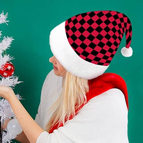אדום שחור משובץ חג המולד כובע סנטה קלאוס כובעי קצר קטיפה עם לבן חפתים לגברים נשים חג המולד חג מסיבת קישוטים