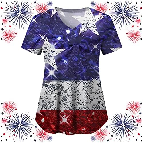 4 ביולי חולצות לנשים דגל ארה ב קיץ שרוול קצר חולצות עם 2 כיסים חולצות בגדי עבודה מזדמנים לחג