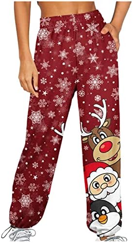 מכנסי טרנינג לחג המולד של נשים קשורים צבע אלסטי מותניים אלסטיים אתלטי רצים הדפס טרנדי סינץ 'תחתון פעיל מכנסיים עם כיסים