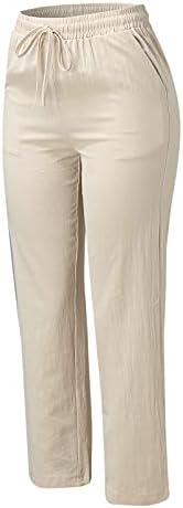 מכנסי פשתן כותנה מזדמנים של Wocachi לנשים בצבע אחיד אלסטית גבוהה הייתה מכנסיים נוחים ברגליים ישרות עם כיסים