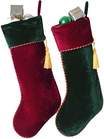 סט גירשום של 2 יח 'בורגונדי וינטג' קטיפה ירוקה עם גרב חג המולד של ציצית, קישוט מסיבת פסטיבל עיצוב עץ חג המולד -10 x18