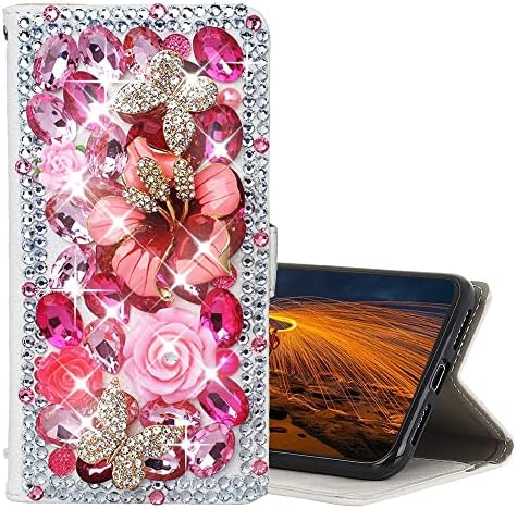 תיק טלפון ארנק נצנצים תואם לאייפון 2018, כמו-זיק 3 סדרת עבודת יד פרח פרחוני פרפר ריינסטון קריסטל בלינג עיצוב מעטפת כיסוי מקרה-ורוד חם