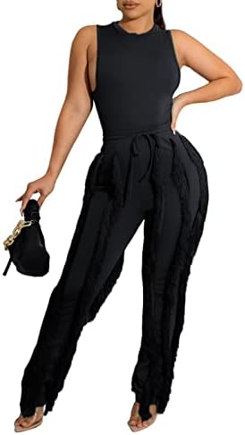 נשים 2 חתיכה תלבושות סרבל - ארוך שרוול צווארון עגול סווטשירט פרינג ' גבוהה מותן מכנסיים טרנינג סט