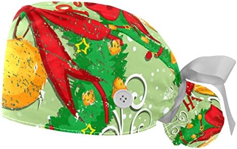 כובעים רפואיים לנשים עם כפתורים שיער ארוך, כובע עבודה מתכוונן 2 חלקים, קשת כדור עץ פעמון חג המולד עם ירוק