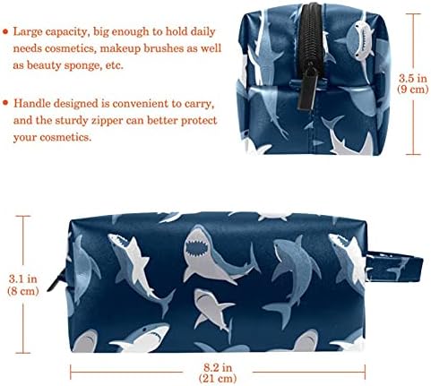 Leveis כרישים כחולים דפוס רקע חיל הים מיקרופייבר תיק איפור עור שקית טיול אטום למים תיק קוסמטי נייד תיק מטענה נוח לנשים מתנות בנות