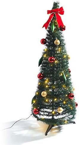 עץ חג מולד קופץ עם אורות - 4ft, מתקפל לאחסון קל, 100 אורות לבנים חמים, 24 קישוטים וקשת כלולים, עץ קטן מעוצב מראש מלאכותי