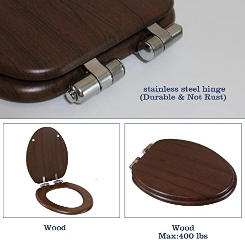 מושב האסלה Emmteey מוארך בכיסוי מושב אסלה מעץ רך קל להתקנת צירים מהיר לשחרור עץ מעוצב איטי.